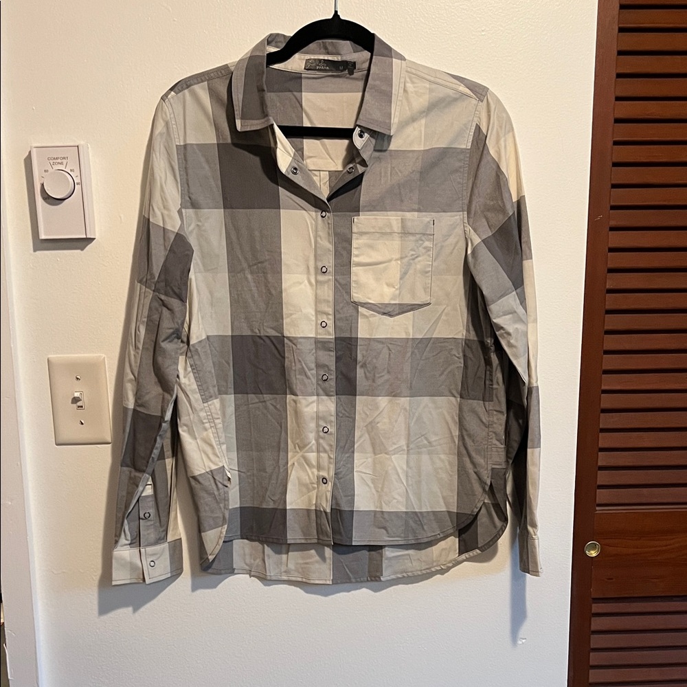 Prana Women's Black and Gray Plaid Button-Down Shirt